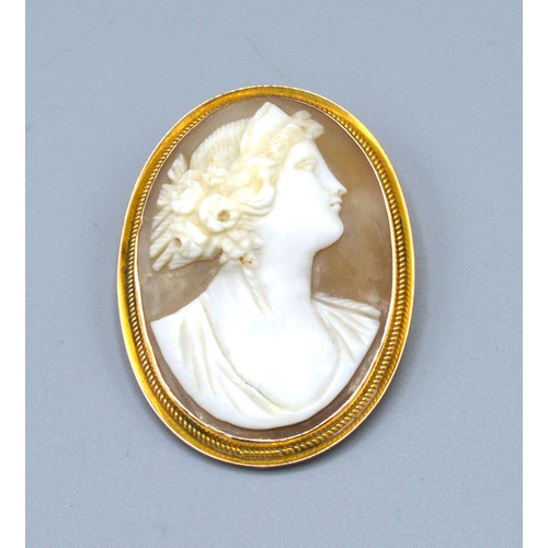 204 - An Oval Cameo Brooch decorated in relief with a Classical Bust within 9ct. gold frame, 4 x 3 cms