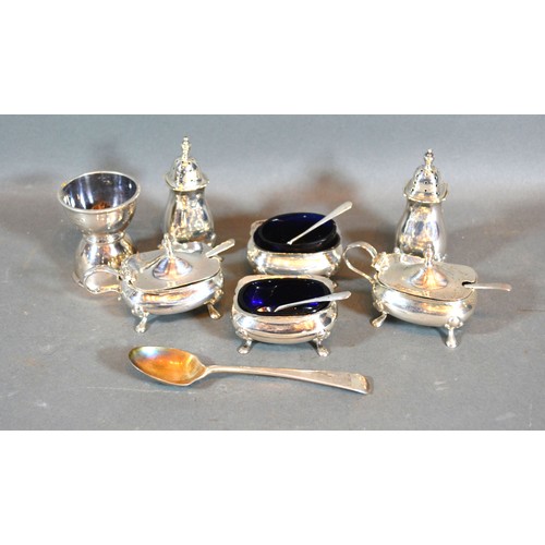 214 - A Birmingham Silver Six Piece Condiment Set together with a Scottish Silver Egg Cup and a London Sil... 