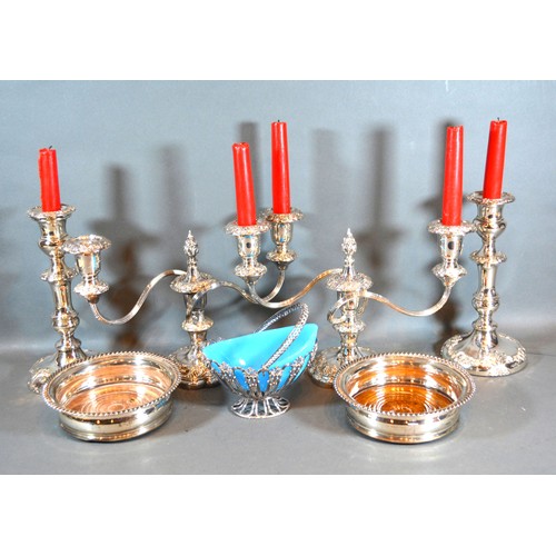 217 - A Pair of Silver Plated Two Branch Candelabrum together with a pair of silver plated candlesticks, a... 