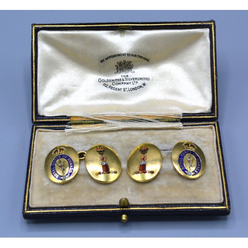 221 - A Pair of Yellow Metal Enamel Decorated Cufflinks inscribed Royal Corps of Signals within original b... 