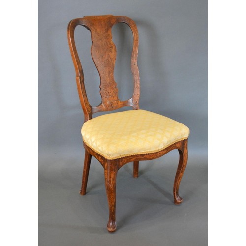 527 - An Early 19th Century Dutch Marquetry Side Chair with an inlaid splat back above a serpentine padded... 