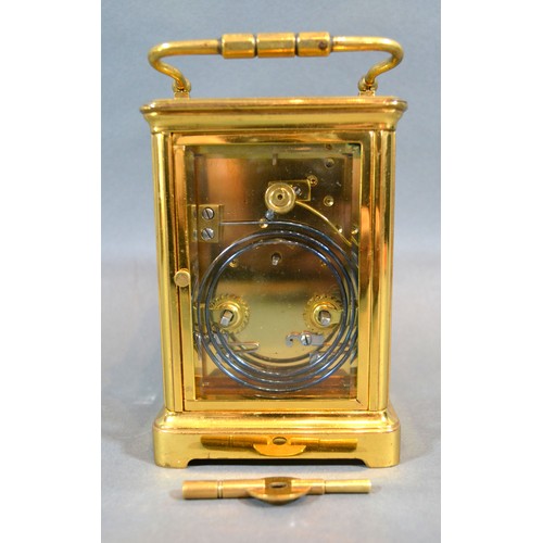 340 - A French Brass Cased Carriage Clock, the enamel dial with Roman numerals and with lever escapement, ... 