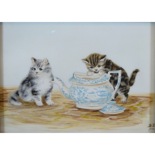 51 - Bessie Bamber 'Kittens Drinking Spilt Milk Upon A Table' and 'Kittens With A Teapot' a pair of oils ... 