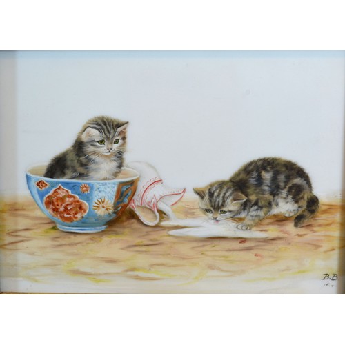 51 - Bessie Bamber 'Kittens Drinking Spilt Milk Upon A Table' and 'Kittens With A Teapot' a pair of oils ... 