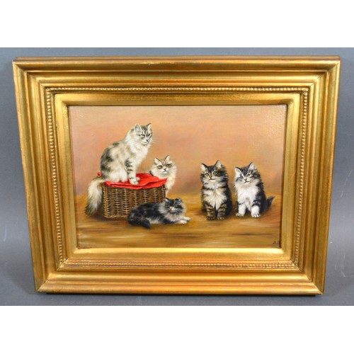 53 - Bessie Bamber 'A Study Of Five Kittens With Basket' oil on canvas signed with initials, 16.5 x 24 cm... 