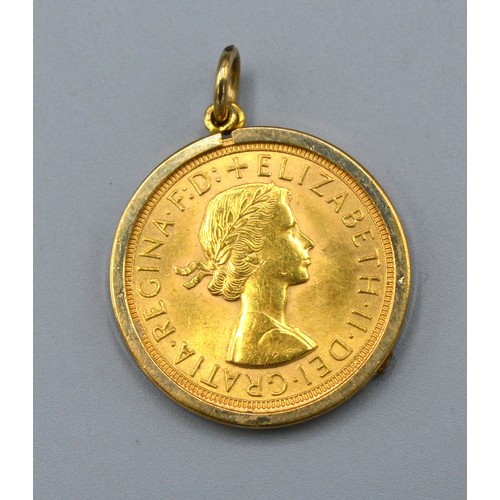 141 - A Queen Elizabeth II Full Gold Sovereign dated 1958 within a 9ct gold pendant mount, 9.3 grams