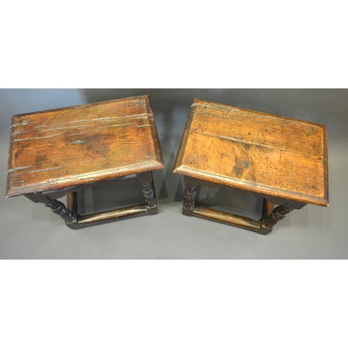 392 - A Pair of Early Oak Joined Stools the moulded tops above a carved frieze raised upon carved legs wit... 