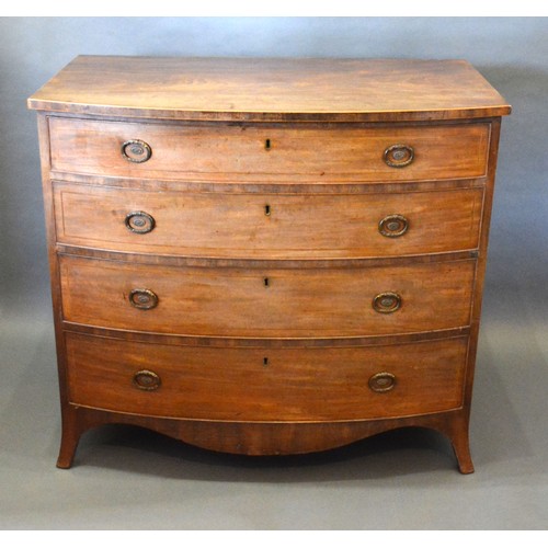 397 - A Regency Mahogany Line Inlaid Bow Fronted Chest of four long drawers with oval brass handles raised... 