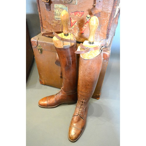 265 - A Pair of Brown Leather Riding Boots together with three travelling trunks, a leather cricket bag an... 