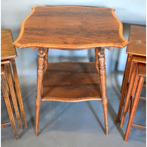 409 - An Edwardian Mahogany Satinwood Inlaid Two Tier Occasional Table together with two nests of three oc... 