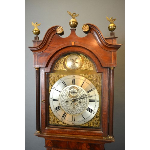 343 - A George III Oak and Mahogany Long Case Clock, the swan neck pediment with brass finials above an ar... 