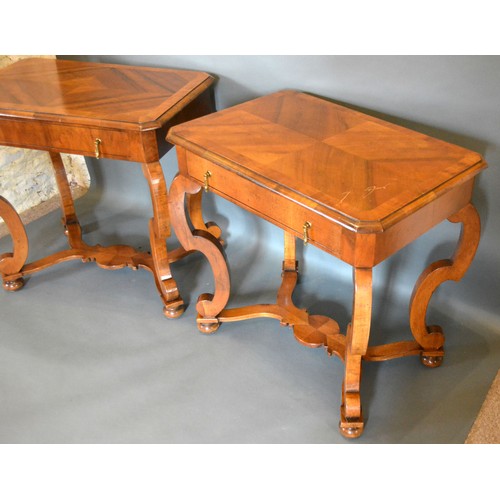 416 - A Pair of 18th Century Style Walnut Side Tables, the moulded crossbanded tops above a frieze drawer ... 