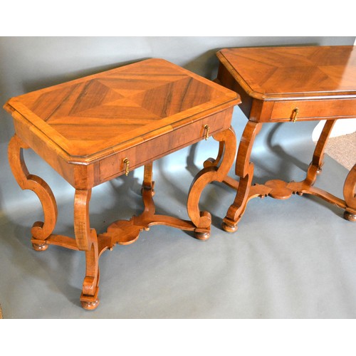 416 - A Pair of 18th Century Style Walnut Side Tables, the moulded crossbanded tops above a frieze drawer ... 