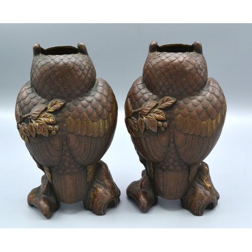 273 - A Pair of 19th Century Patinated Bronze Vases in the form of owls upon a branch with bird at foot, 1... 