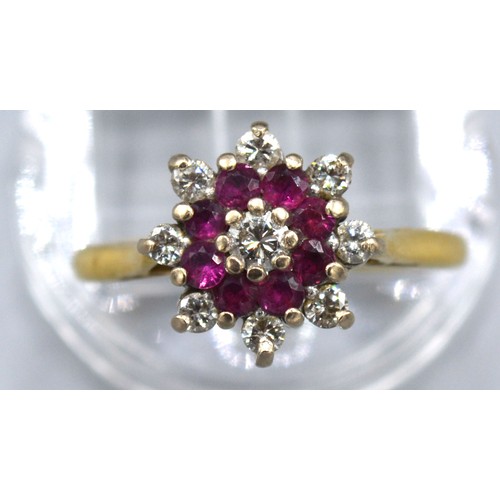 158 - An 18ct Ruby and Diamond Cluster Ring within a pierced setting, 4.1 gms Size N