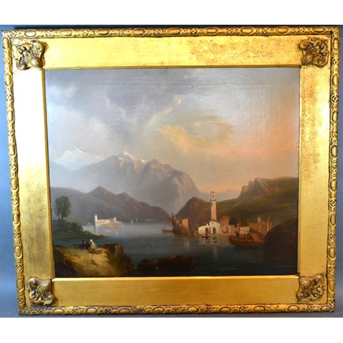 72 - 19th Century Continental School 'Lake Scene with Figures in the Foreground and Mountains Beyond' oil... 