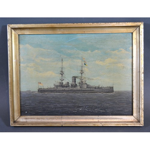 88 - Early 20th Century English School, HMS Victorious, oil on board, 20 x 28 cms