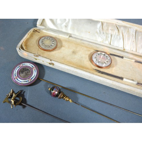 236 - A Set of Four Early 20th Century Mother of Pearl and Paste Set Hat Pins within fitted case together ... 