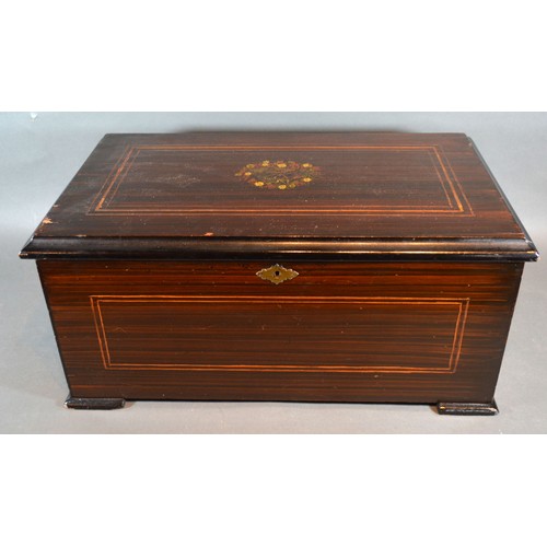 328 - A 19th Century Swiss Musical Box, the inlaid hinged cover enclosing a 20 air cylinder, the cylinder ... 