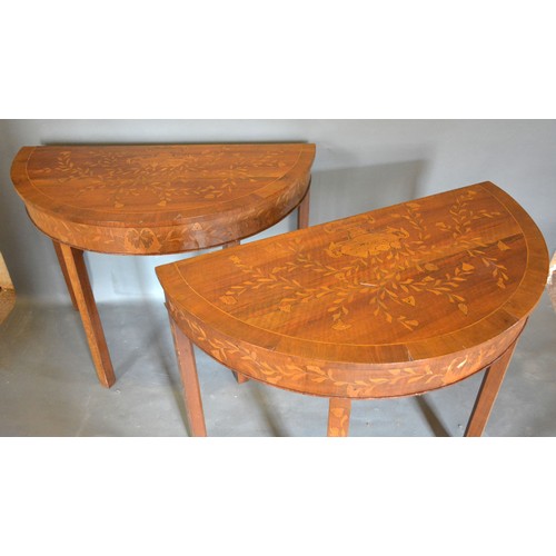 463 - A Pair of 19th Century Marquetry Inlaid Demi-Lune Console Tables, the crossbanded and inlaid tops ab... 