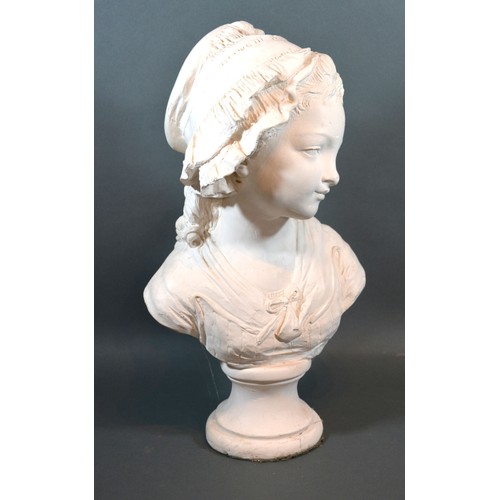 256 - A plaster bust in the form of a girl wearing a bonnet 
45cm tall