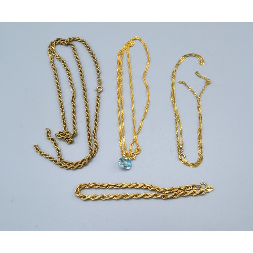 81 - A 14ct gold neck chain with stone set pendant
3.1grams excluding pendant together with two 9ct gold ... 