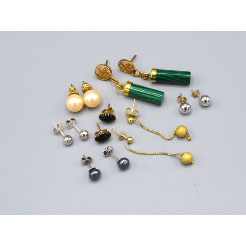 85 - A Pair of Malachite set drop ear studs together with six other pairs of ear studs