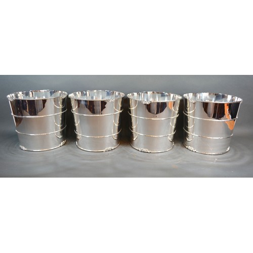 91 - A set of four silver plated wine coolers, each in the form of a barrel, 21cms diameter, 19.5cms high