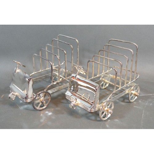 95 - A pair of silver plated four division toast racks in the form of vintage cars, 16cms long