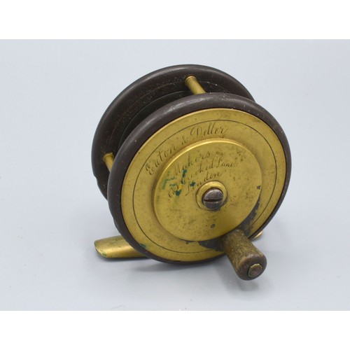 205 - Eaton and Deller a brass mounted fishing reel, 6.5cms diameter