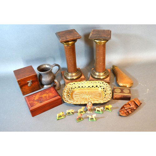 262 - A copper powder flask together with a collection of other items