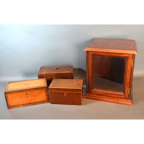 263 - A 19th century satinwood inlaid rectangular tea caddy, together with two similar tea caddies and a c... 