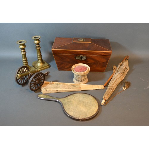 271 - A 19th century mahogany tea caddy together with a 19th century fan and other items