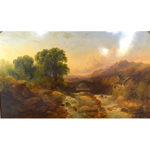 46 - 19th century English school, river scene with angler, oil on board, 29cms x 49cms, together with ano... 