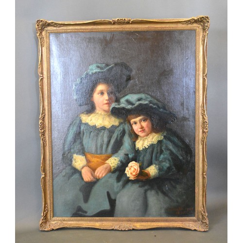 52 - J. Proschwitzky, portrait of two young girls wearing blue dresses and bonnets with lace collars, oil... 