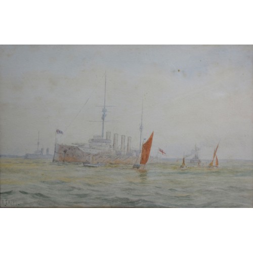 64 - H. Capps Battleship and Sailing Vessels at Sea, watercolour, signed, 19 x 27 cms