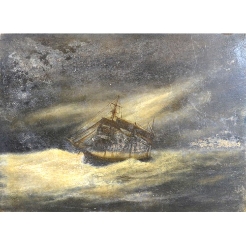 71 - A 19th Century Oil on Tile 'Sailing Ship in a Rough Sea' 20 x 26 cms