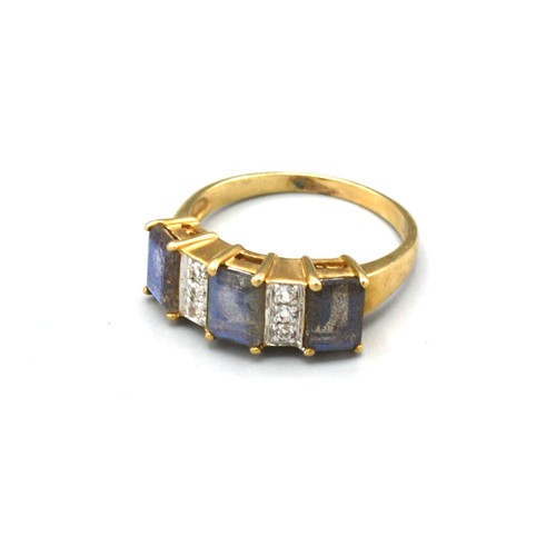 159 - A 9ct Yellow Gold Dress Ring set with three large rectangular stones interspaced with diamonds withi... 