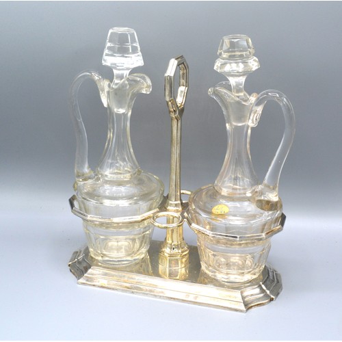 165 - An 800 Mark Silver and Cut Glass Vinegar and Oil Stand with Glass Bottles, 21 cms tall