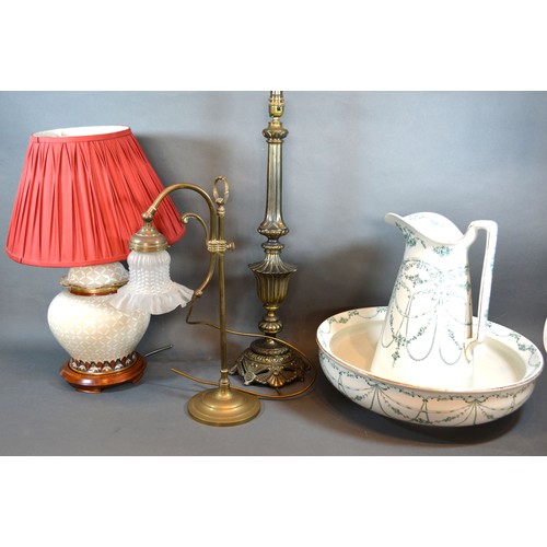 302 - A Brass Adjustable Table Lamp with opaque glass shade together with two other table lamps and a Vict... 