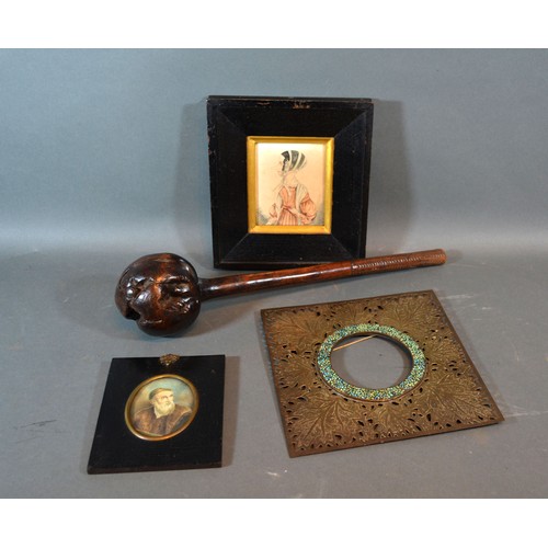 287 - A brass picture frame of square form, together with two portrait miniatures and knob kerrie