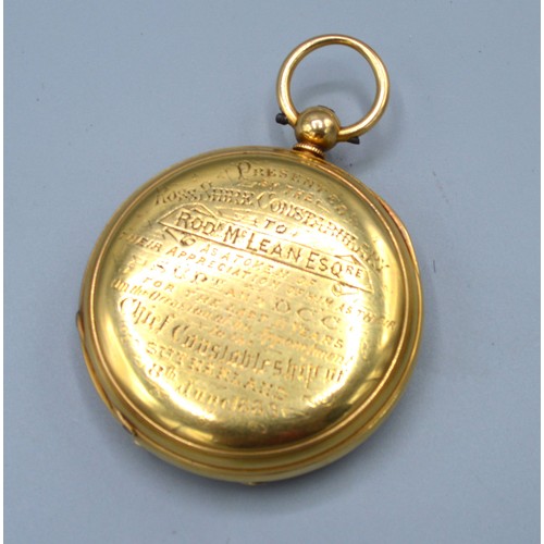 119 - An 18ct gold full hunter pocket watch by John Frew Dingwall. presented to the chief constable of Sut... 