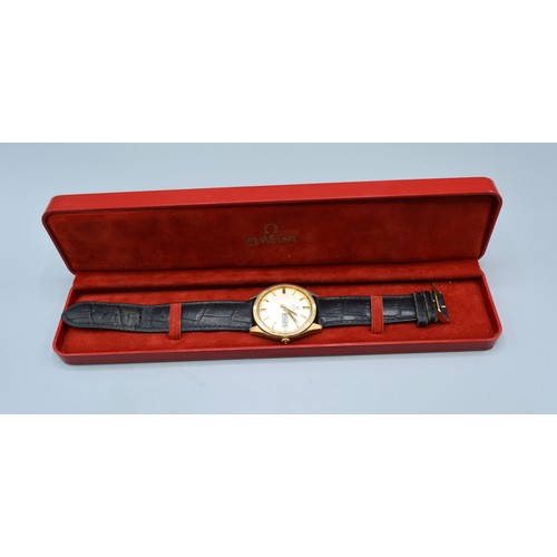 122 - An 9ct gold Omega Seamaster automatic gentlemans wristwatch, 3.5cms diameter dial, with Omega box