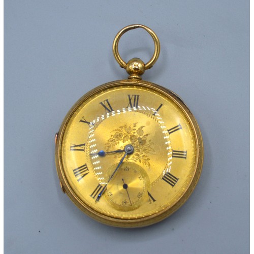 127 - An 18ct gold pocket watch, the engraved dial with Roman numerls and susidiary seconds dial, 127g all... 