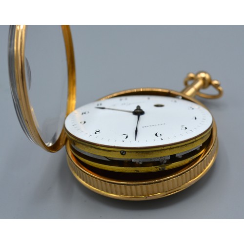 128 - A 19th century gold pocket watch by F.Weyman of Bruxelles, the enamel dial with arabic numerals, 5.2... 