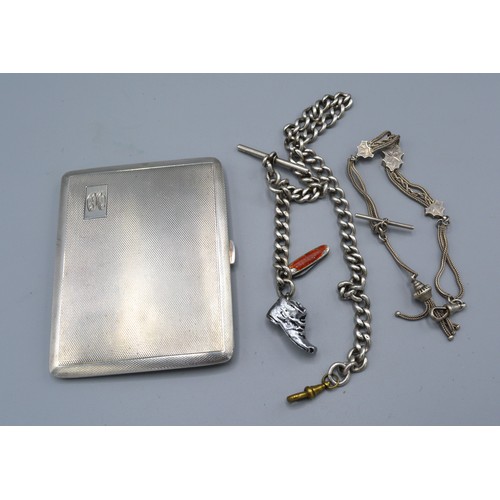 135 - A Birmingham silver cigarette case together with two silver watch chains