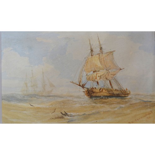 54 - James Wilson Carmichael, ships in a rough sea and a ships hulk, a pair of watercolours, signed, 11cm... 