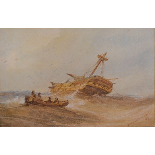 54 - James Wilson Carmichael, ships in a rough sea and a ships hulk, a pair of watercolours, signed, 11cm... 