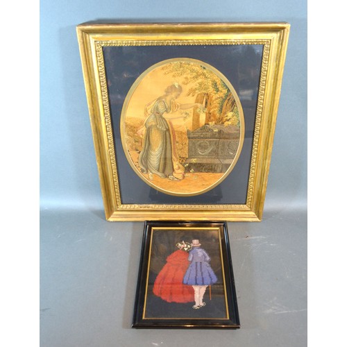 290 - A Regency silkwork picture depicting a classical female, 24cms x29cms together with a small woolwork... 