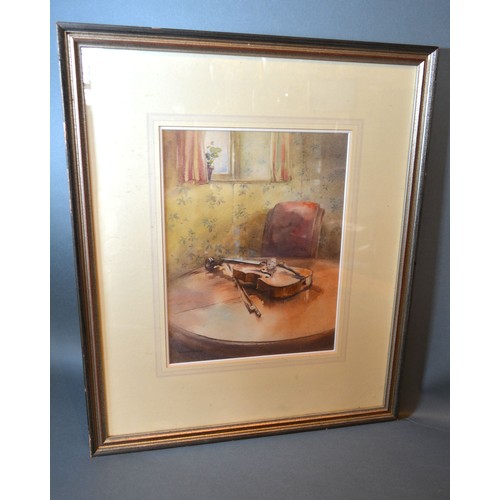 72 - Gerry Ball, study of a violin upon a table within an interior, watercolour signed, 33cms x 25.5cms t... 